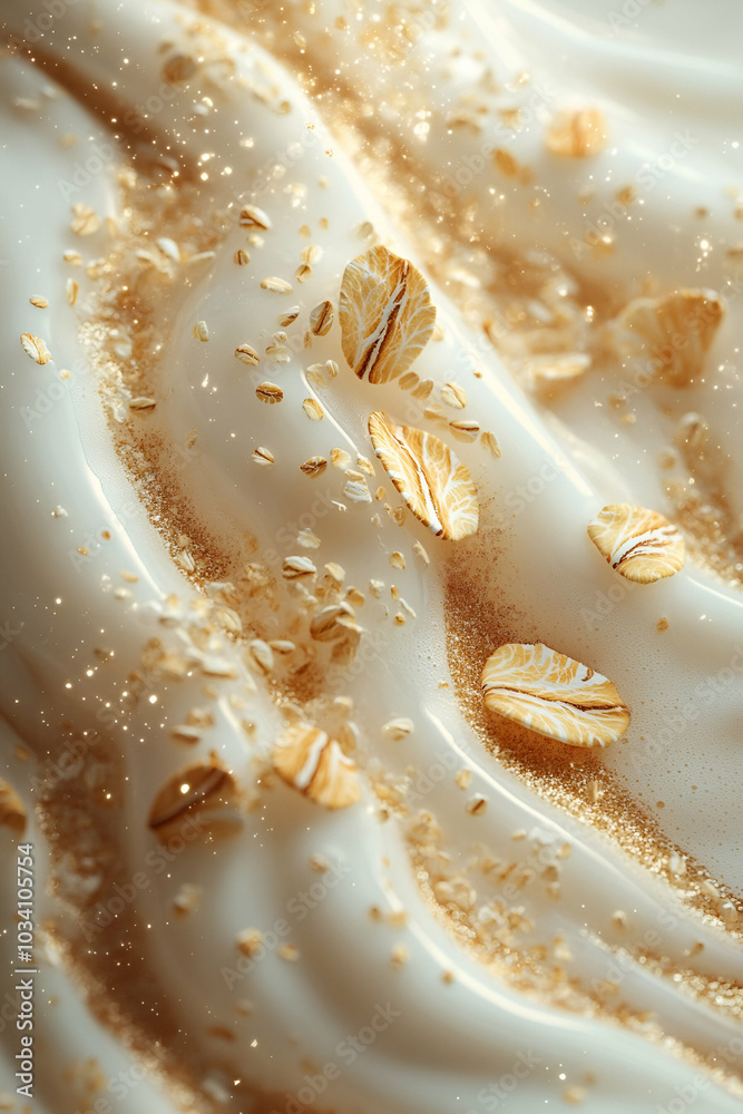 A close-up image of creamy white texture with golden oat flakes sprinkled across it, creating a smooth and appetizing appearance. A close-up image of creamy white texture with golden oat flakes sprinkled across it, creating a smooth and appetizing appearance.
