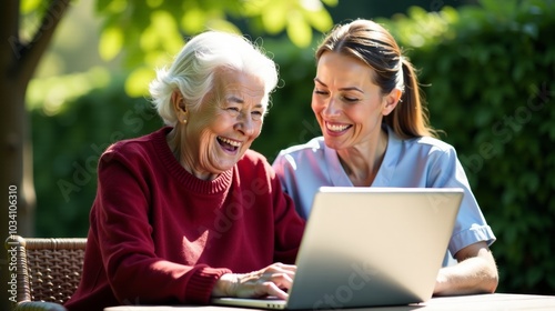 A woman in a blue shirt helps an elderly woman in a red sweater use a laptop