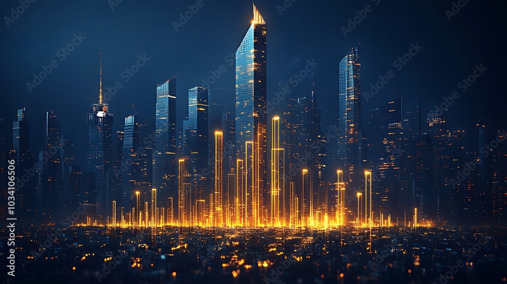 A futuristic cityscape at night with tall skyscrapers illuminated by glowing lights. A futuristic cityscape at night with tall skyscrapers illuminated by glowing lights.