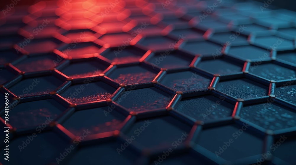 A close-up of a honeycomb pattern, illuminated with red and blue light A close-up of a honeycomb pattern, illuminated with red and blue light