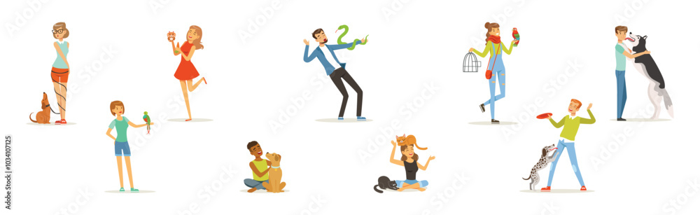 Φωτογραφία Happy Man and Woman Character Pet Owner with Their Favorite Animal Vector Set