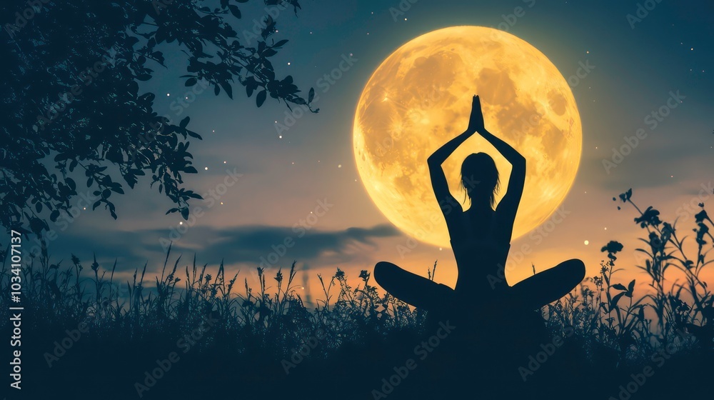 Φωτογραφία Silhouette of a woman meditating in lotus position under a full moon in the night sky
