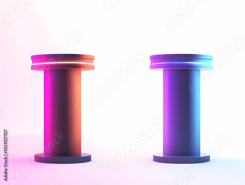 Flat Holographic Candidate Debate Podiums Concept: Wide Shot of Empty Political Podiums with Glowing Party Colors Ready for Debate - Simple Flat Vector Illustration for Business Use