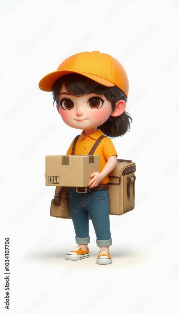 3d stylized of a girl as a courrier. posing facing the camera, wearing a polo tshirt and baseball cap. holding a cardboard box 3d stylized of a girl as a courrier. posing facing the camera, wearing a polo tshirt and baseball cap. holding a cardboard box