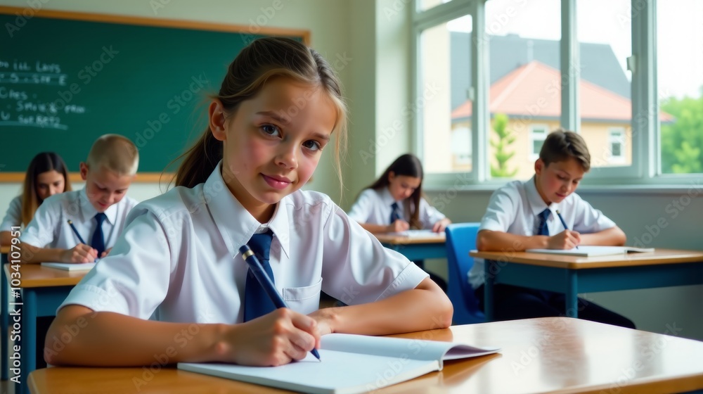 A young girl in a school uniform sits at her desk writing in a notebook A young girl in a school uniform sits at her desk writing in a notebook