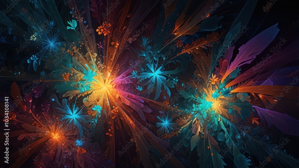 Abstract fractal art with colorful flowers and glowing centers against a dark background. Abstract fractal art with colorful flowers and glowing centers against a dark background.