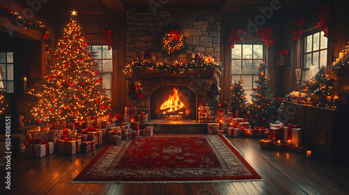 cozy christmas living room with fireplace and decorated tree