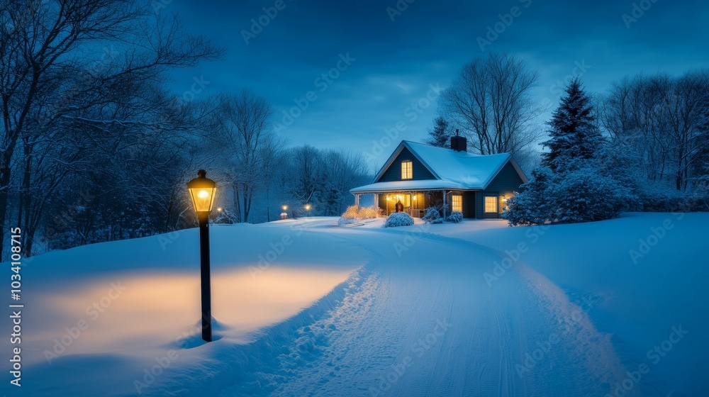 A snowy path leading to a beautifully decorated house with warm lights glowing, evoking a welcoming holiday feel A snowy path leading to a beautifully decorated house with warm lights glowing, evoking a welcoming holiday feel