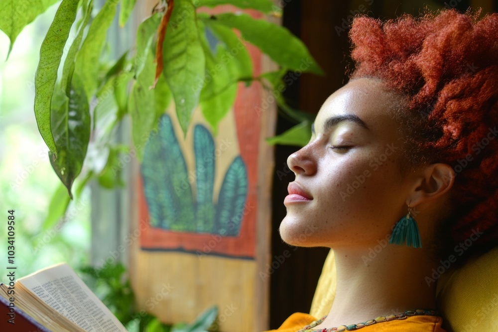 Φωτογραφία Young Woman with Red Dreads Relaxing with a Book in a Sunlit Urban Library