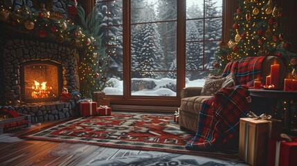 A cozy living room with a fireplace, Christmas tree, and decorations. The window shows a snow-covered pine forest in the background. armchair, surrounded by gift boxes. White candles.