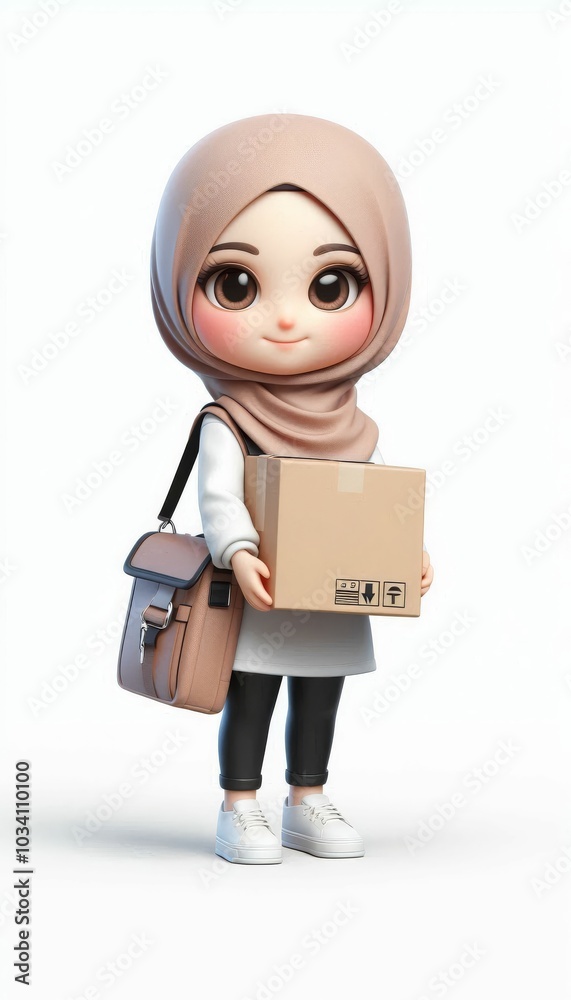 3d stylized of a girl as a courrier. posing facing the camera, wearing hijab. holding a cardboard box