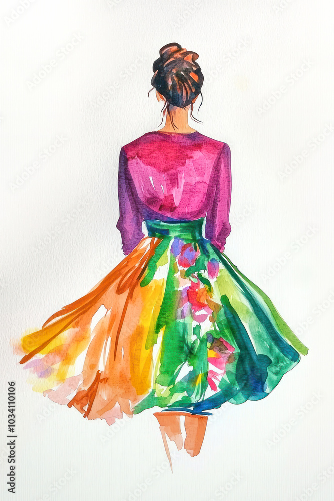 Watercolor fashion illustration of a woman in a vibrant flowing skirt viewed from behind. Watercolor fashion illustration of a woman in a vibrant flowing skirt viewed from behind.