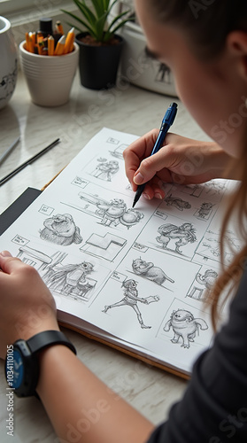 Artist drawing detailed storyboards for animated video project photo