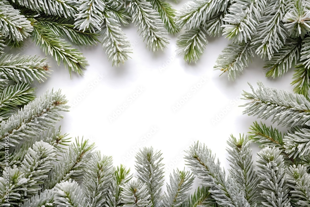 Frosty pine frame covered with snow for winter, holiday, christmas theme Frosty pine frame covered with snow for winter, holiday, christmas theme