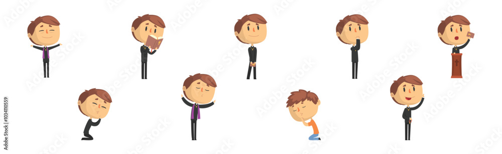 Funny Catholic Man Priest with Cross and Bible Vector Set Funny Catholic Man Priest with Cross and Bible Vector Set