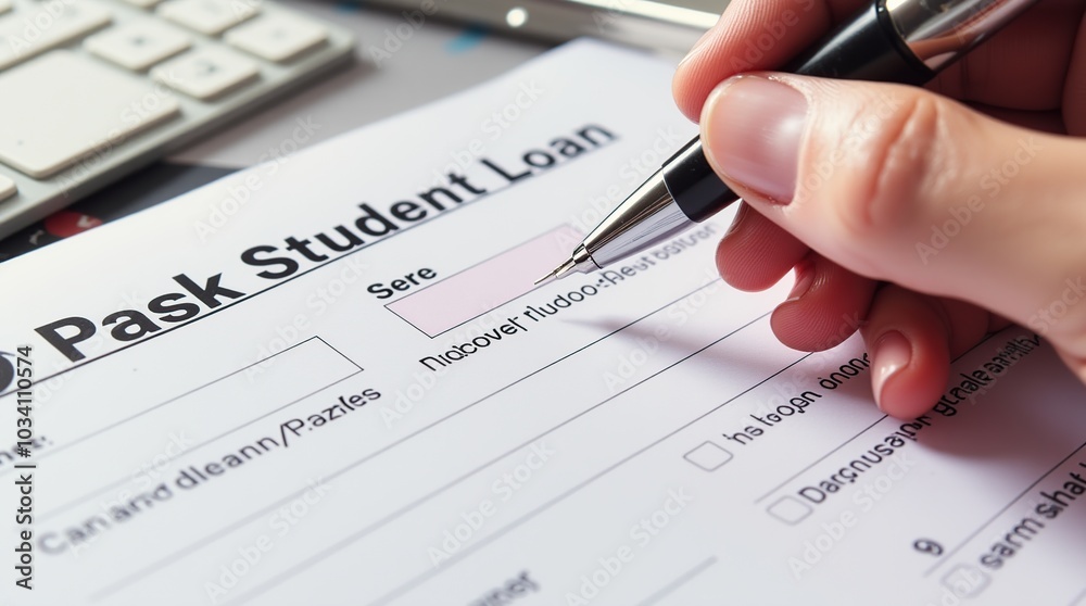 Filling out a student loan application form with a pen Filling out a student loan application form with a pen