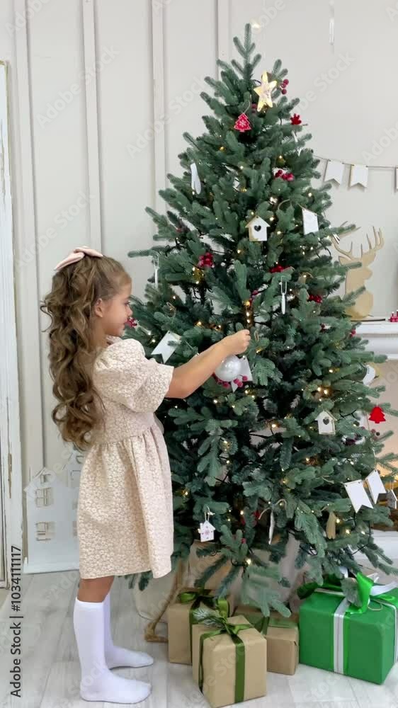 Side view cute little child girl in white dress is decorating green Christmas tree in living room at home. Merry Christmas and Happy New year winter holidays. Slow motion vertical footage Side view cute little child girl in white dress is decorating green Christmas tree in living room at home. Merry Christmas and Happy New year winter holidays. Slow motion vertical footage