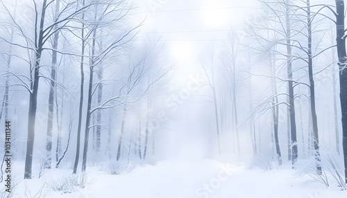 Magical winter season snowy foggy forest isolated with white highlights, png