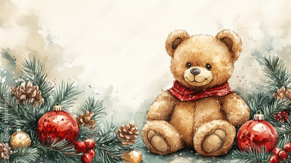 Christmas watercolor picture with a teddy bear with a bow, colors red, green and brown, empty space for text Christmas watercolor picture with a teddy bear with a bow, colors red, green and brown, empty space for text