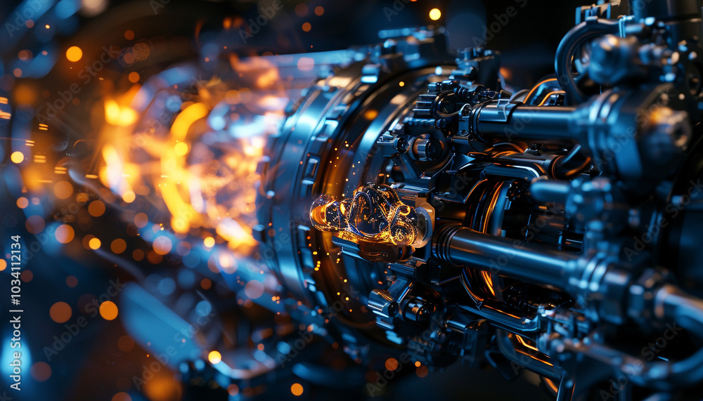 Illustration of processes that drive a car engine, futuristic style, add the energy of fire or particles—new technologies. Illustration of processes that drive a car engine, futuristic style, add the energy of fire or particles—new technologies.