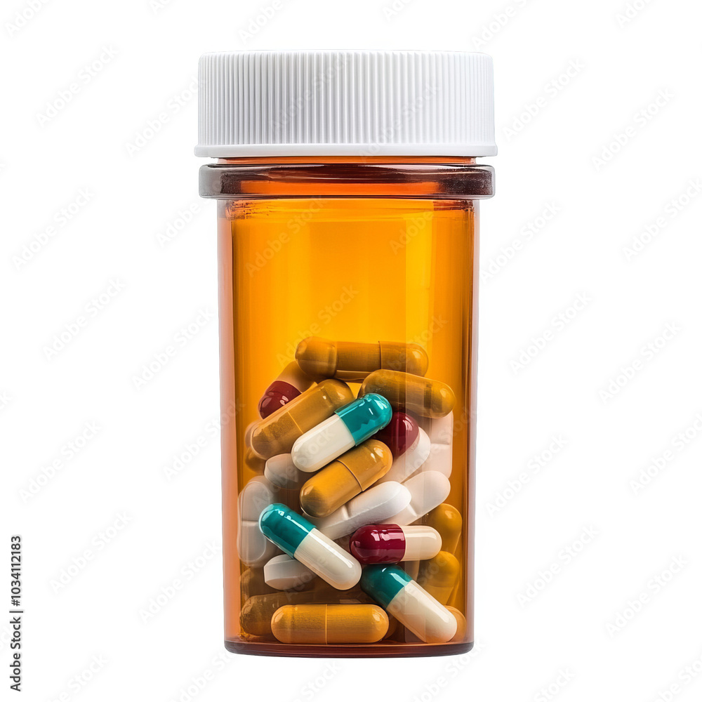 Prescription bottle filled with various colored capsules on a white background. Prescription bottle filled with various colored capsules on a white background.