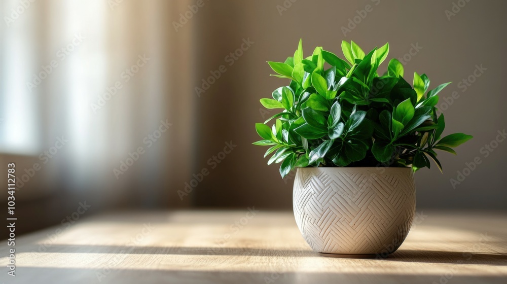 Lush indoor plant in a textured pot on a sunlit table Lush indoor plant in a textured pot on a sunlit table