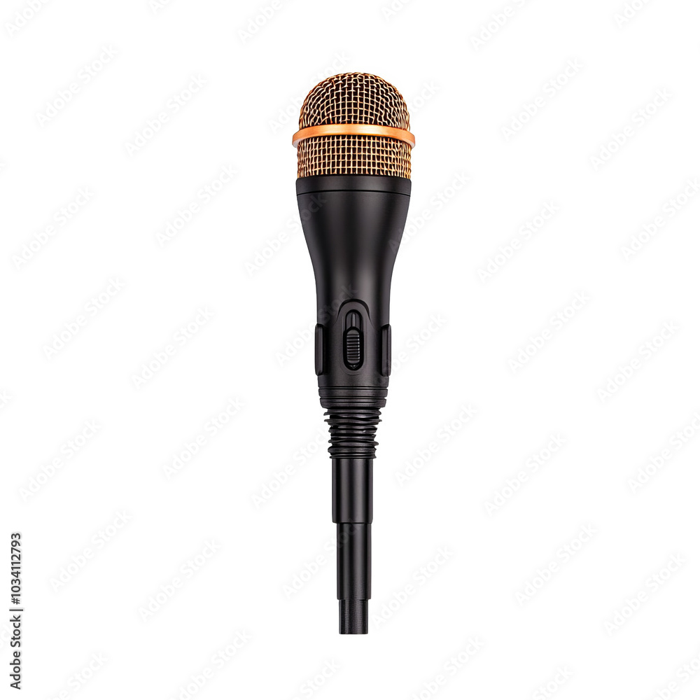 Obraz premium Professional microphone with gold mesh on a white isolated background.