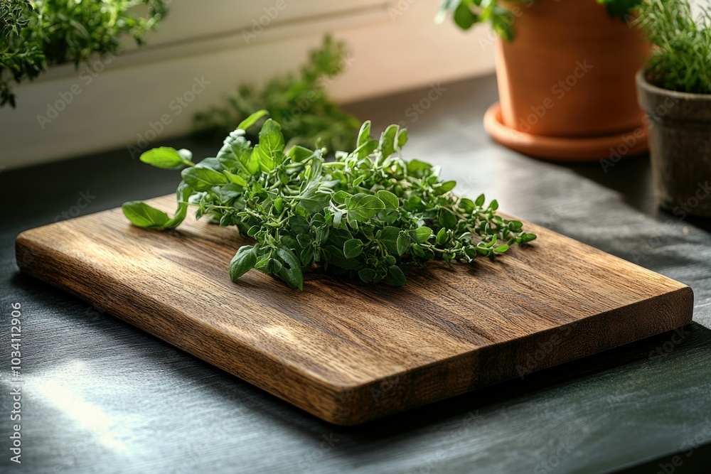 Fresh herbs on a wooden cutting board in natural light Fresh herbs on a wooden cutting board in natural light