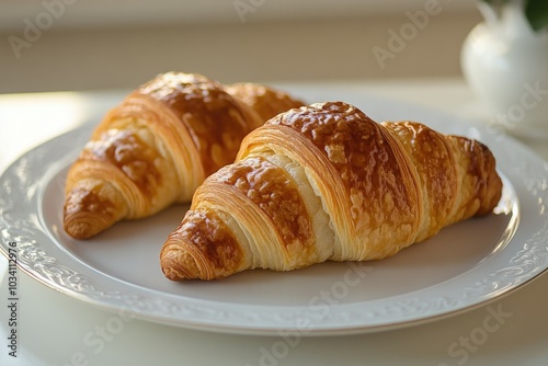 Freshly baked golden croissants on a white plate