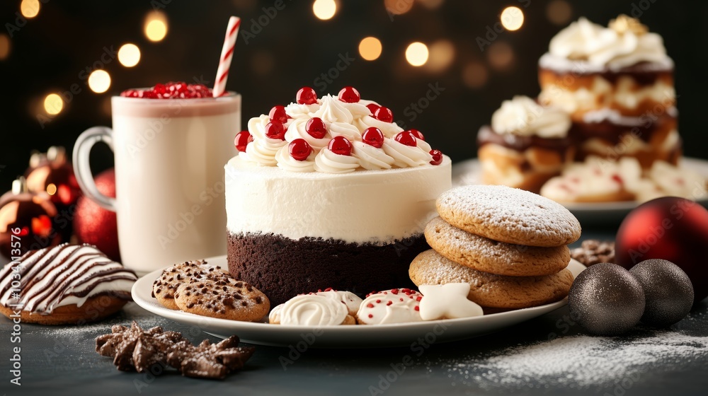 A Christmas-themed dessert table with cakes, cookies, and hot cocoa, beautifully decorated with holiday elements A Christmas-themed dessert table with cakes, cookies, and hot cocoa, beautifully decorated with holiday elements