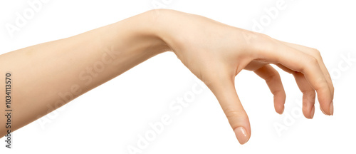 A woman's hand is shown reaching out, fingers curled as if grasping for something, isolated against a white background