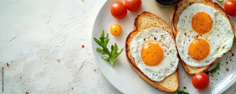 Delicious breakfast with sunny-side-up eggs and fresh tomatoes Delicious breakfast with sunny-side-up eggs and fresh tomatoes