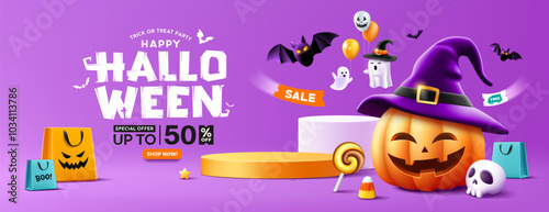 Halloween sale podium, pumpkins hat smile and ghost holding a balloon, bat flying and colorful shopping bag, banner poster design on purple background, Eps 10 vector illustration
