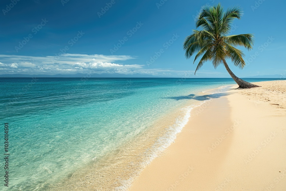 Obraz premium Serene tropical beach with a lone palm tree