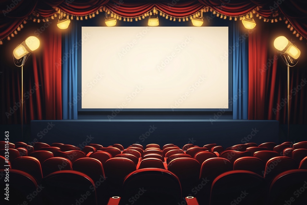 Obraz premium Empty Movie Theater Seats with Red Curtains and Blank Screen