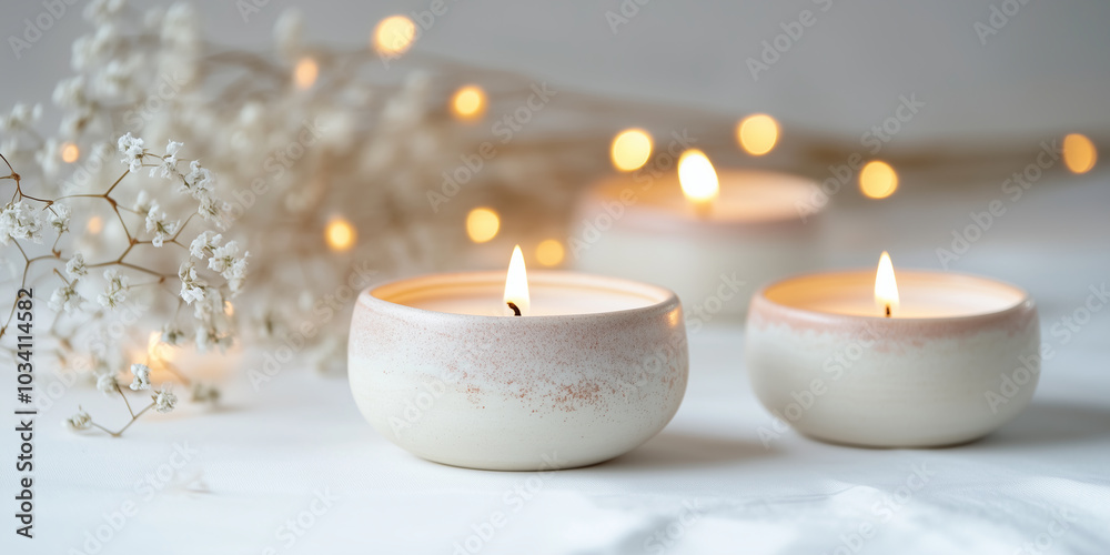 Small candles lit on light background with blurred lights in bokeh. Celebrating festive season in cozy home. Festive banner. Small candles lit on light background with blurred lights in bokeh. Celebrating festive season in cozy home. Festive banner.