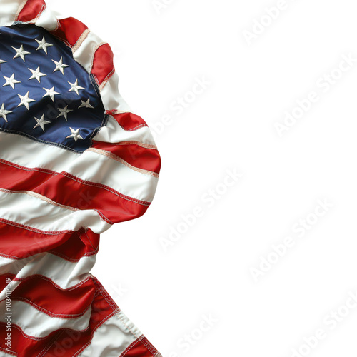 Vibrant American flag draped artistically on a white background