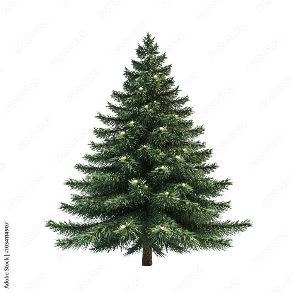 Fototapeta premium Realistic Christmas tree with lush green branches and lights, white isolated background.