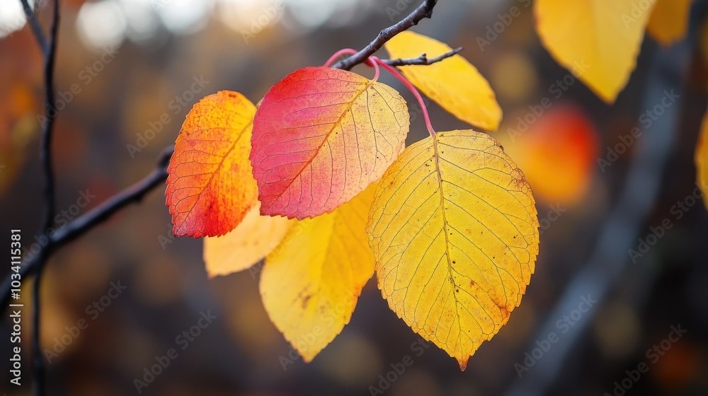 Obraz premium Close-up of vibrant autumn leaves in shades of yellow and red, showcasing the beauty of nature's transformation.