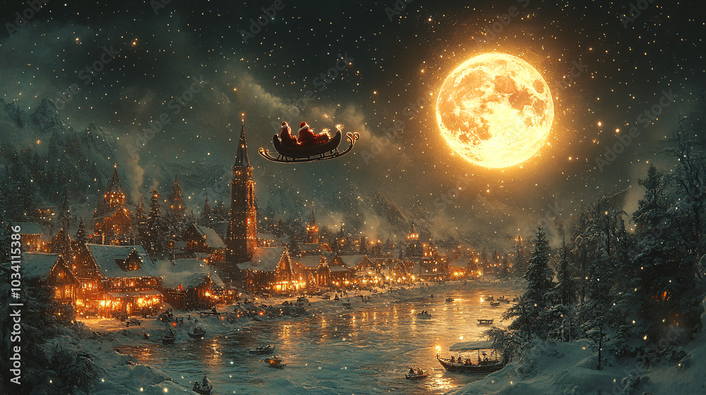 magical winter village with santa claus flying under full moon magical winter village with santa claus flying under full moon
