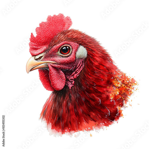 Realistic red chicken head on a white isolated background. photo