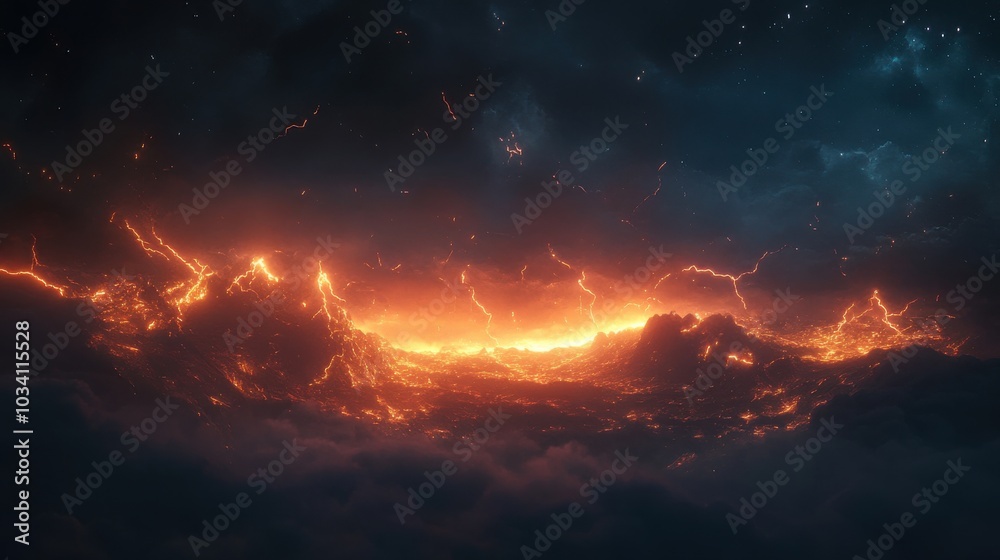 A fiery, volcanic landscape with streaks of lightning illuminating the dark sky. A fiery, volcanic landscape with streaks of lightning illuminating the dark sky.