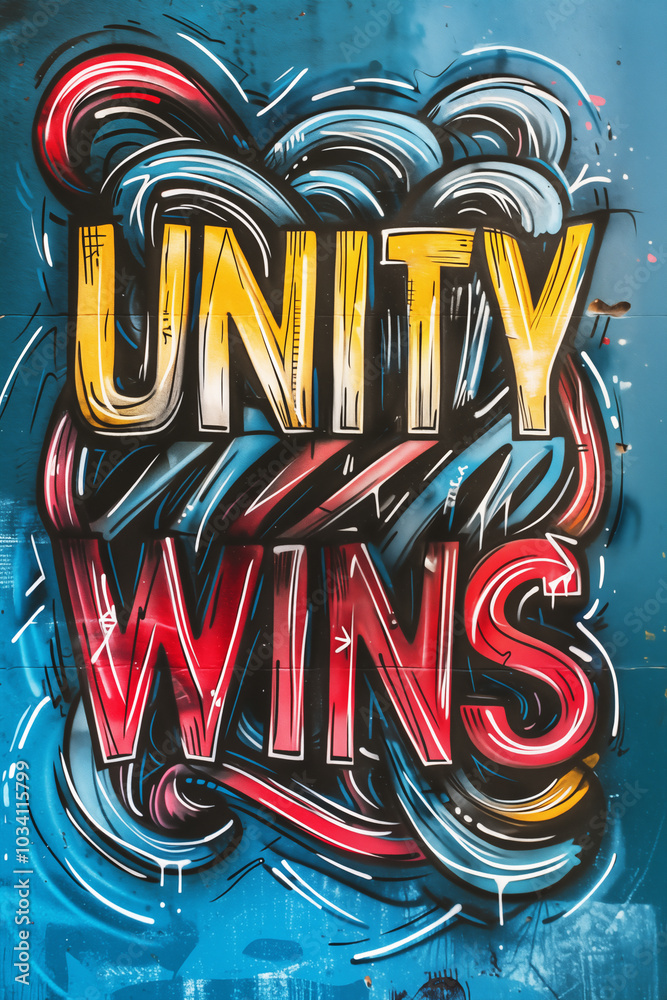 Fototapeta premium Bold colorful graffiti text unity wins on blue wall with abstract strokes