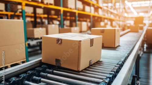 A close-up shot of a cardboard box moving along a conveyor belt in a warehouse, representing the efficiency of modern logistics.