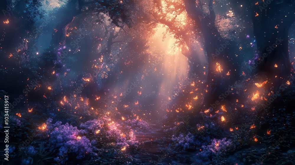 Fototapeta premium Enchanted forest with magical lights and vibrant flowers under sunlight.