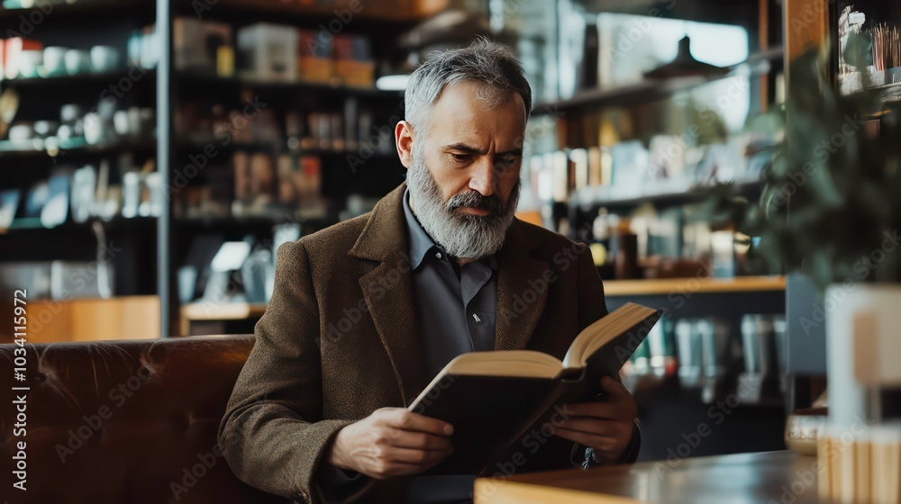 A senior man with a beard, wearing a brown jacket, is sitting in a cafe and reading a book. A senior man with a beard, wearing a brown jacket, is sitting in a cafe and reading a book.