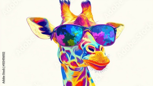 A colorful illustration of a giraffe wearing sunglasses, looking cool.