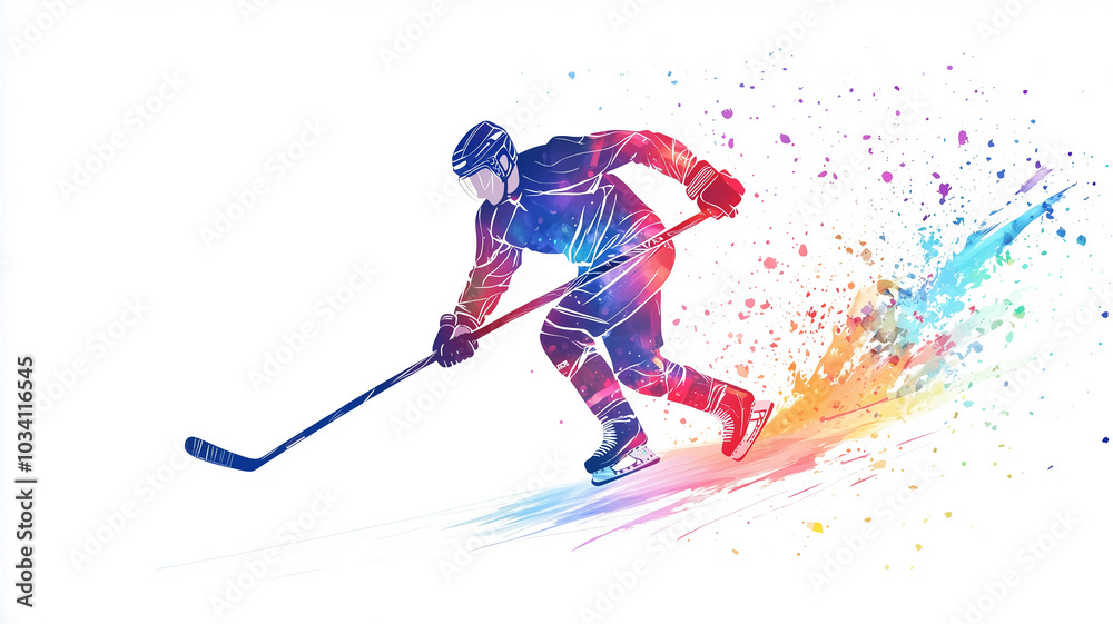 Obraz premium vector style that is colorful, simple, and minimalistic, in a cartoon style a ice hokey player with stick isolated on white background, front view, impression of high speed. Design element for poster,