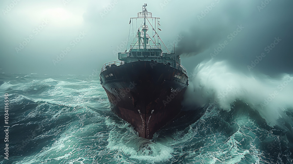 Fototapeta premium A cargo scary ship in sea, storm, daytime.