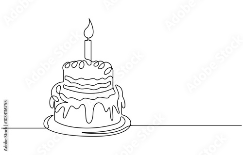 Continuous line drawing of a birthday cake with candle,Continuous Line Drawing of Happy Birthday Icon. Hand Drawn Symbol Vector Illustration, one continuous line drawing of birthday cake
